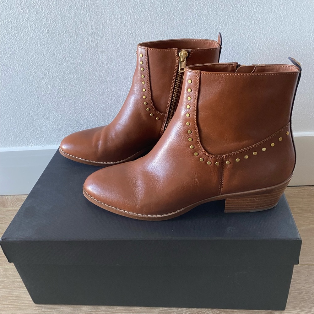 Coach Eva Leather Stacked Heel Bootie Brown - Picture 2 of 6